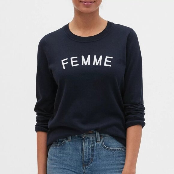 Banana Republic Femme Embroidered Cotton Navy Blue Crew Nec Sweater Top Pullover - Picture 1 of 7